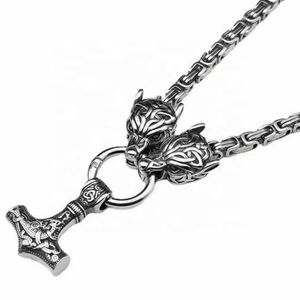 Men Wolf Head Thor Mjolnir Necklace Stainless Steel Norse Viking Thor Hammer Pen